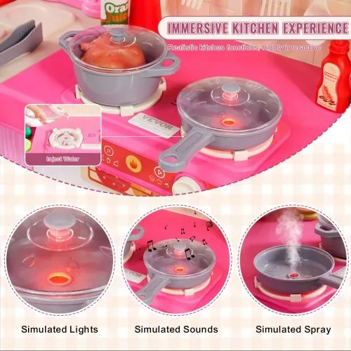 VEVOR Kinderküchen-Spielset, 3-in-1-Kleinkinderküche mit simuliertem Sprühnebel, Geräuschen & Lichtern, Spielküchenset mit 74-teiligem Kochzubehörset für Kinder im Alter von 3–8 Jahren, pink – Bild 4