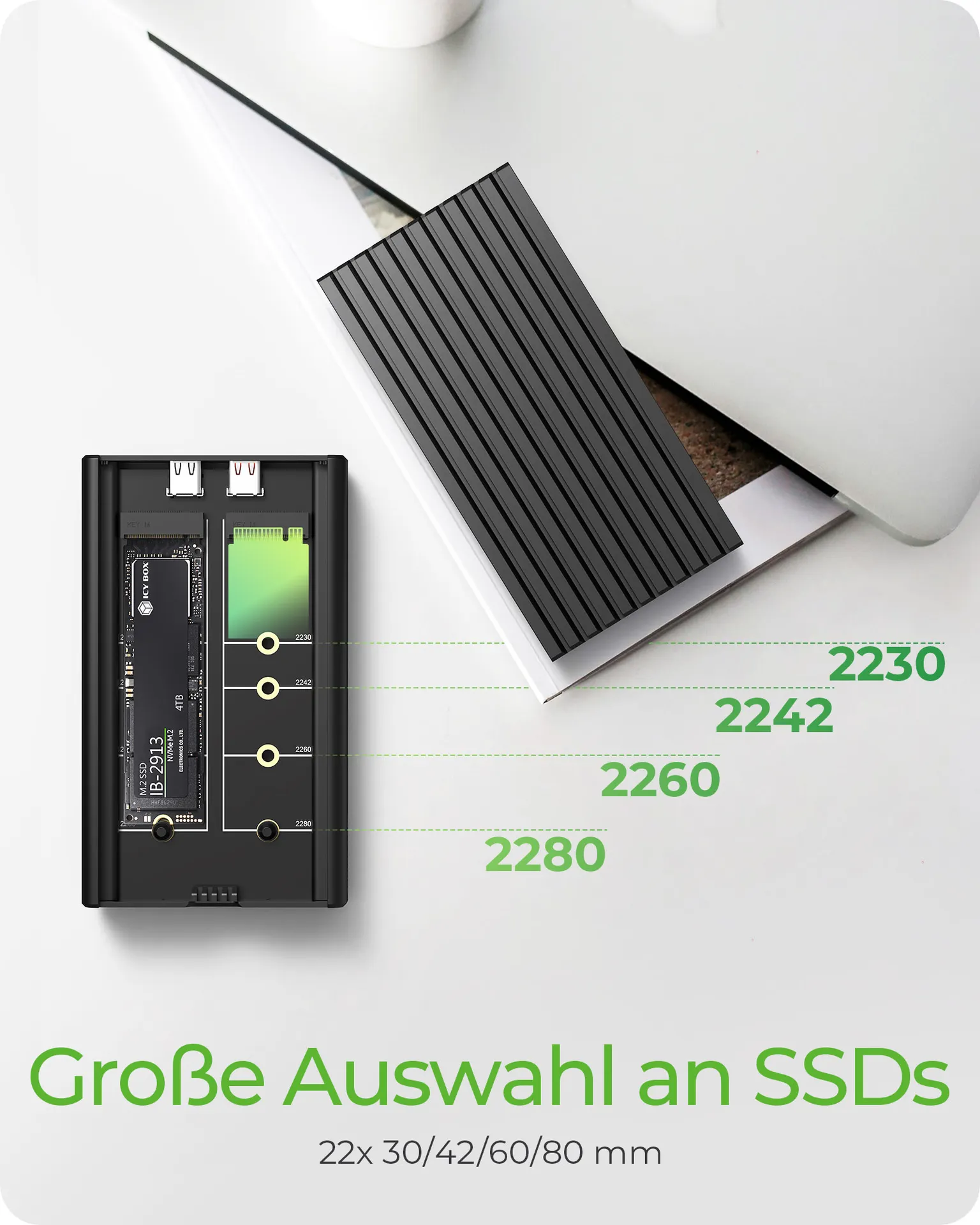 ICY BOX IB-2817M-C32, 2-fach M.2 PCIe NVMe Gehäuse, Host USB 3.2 Gen2x2 Type-C® 20 Gbit/s, für 22x30/42/60/80 mm M.2 SSD, Aluminium – Bild 5