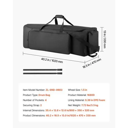 VEVOR Schlagzeugtasche, Drummer Hardware Bag, 1020x470x330 mm, mit verstellbaren Schulterriemen, Rollen & 4 Außentaschen, wasserabweisend & gepolstert, sicherer Transport von Equipment & Instrumente – Bild 6