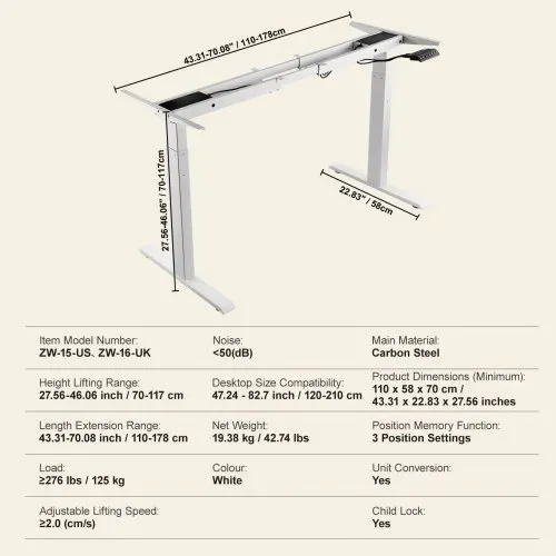 VEVOR Schreibtisch Gestell mit Doppelmotor, einstellbare Höhe 70-117 cm und Länge 110-178 cm, elektrisch verstellbares Tischgestell, ergonomische DIY-Arbeitsplatzbasis (nur weißer Rahmen) – Bild 6