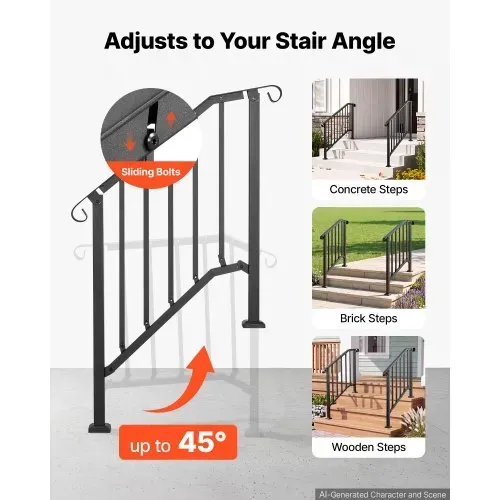VEVOR 2x Handläufe für Außentreppen Treppengeländer für 2-3 Stufen Schwarz, Treppenhandlauf für Veranda Terrasse, Kohlenstoffstahl, 0–45° Winkel Einstellbar, Bogenförmig & Retro-Stil, mit Montagesatz – Bild 3