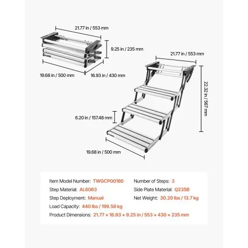 VEVOR Einziehbare Wohnmobiltreppe (3 Stufen), Wohnmobiltrittstufen mit 199,58 kg Tragkraft, Teleskopisch Klappbare Einstiegstreppe aus Aluminiumlegierung, Rutschfester Stahlrahmen für Wohnwagen – Bild 6