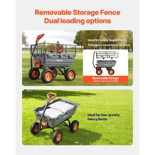 VEVOR Gartenwagen mit Kippfunktion, 544 kg Belastbarer Bollerwagen, 270° Drehbarer Transportwagen für Gartenarbeit aus Kunsttoff & Stahl mit 13 Zoll PU-Reifen & Metallzaun für Rasen, Kies & Schlamm – Bild 5
