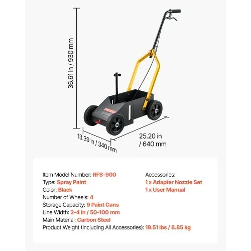 VEVOR Markierungswagen Linien-Markiergerät Linemarker 9 Spraydosen Schwarz, Bodenmarkierung für Parkplatz Werkstatt Straße Einkaufszentrum Sportplatz 50–100 mm Einstellbare Linienbreite mit Adapterdüse – Bild 6