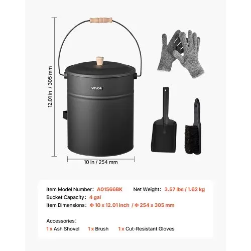 VEVOR Ascheeimer mit Deckel, 4 tlg. Set, inkl. Kohleeimer Schaufel, Besen & Handschuhen, Kaminkohleeimer & Aschedose aus Metall, 15 L Fassungsvermögen für Kamine, Feuerstellen, Holzöfen – Bild 6