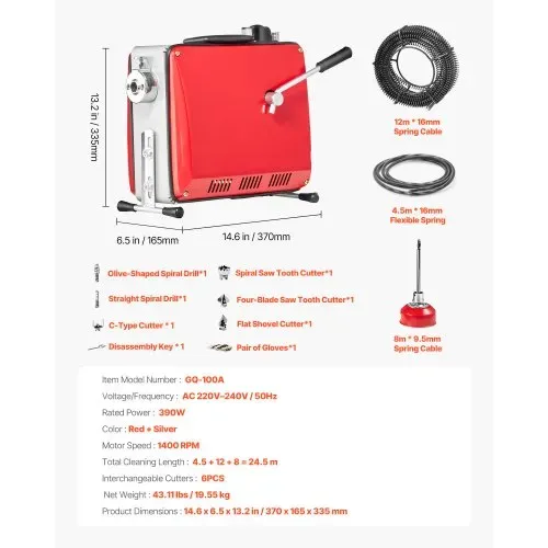 VEVOR Elektrische Rohrreinigungsmaschine, 390 W, 1400 U/min, Abflussreiniger, 12 m x 16 mm & 8 m x 9,5 mm Federkabel, 4,5 m x 16 mm flexible Feder, 6 Schneider, für Rohre mit 50–110 mm Durchmesser – Bild 6