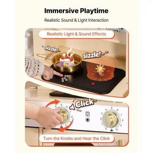 VEVOR Spielküche für Kinder, Moderne Kinderküche mit Licht & Sound, Holzküche mit Herd Backofen Spüle Mikrowelle Eisspender & Getränkespender, Küchenspielzeug mit Kochset für Kinder ab 3 Jahren, Beige – Bild 3