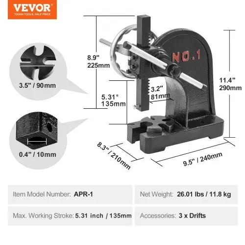 VEVOR Dornpresse, 1 t Handhebelpresse, Manuelle Dornpresse Präzisions Handpresse, 135 mm Maximale Höhe, Manuelle Desktop-Stanzpresse aus Gusseisen, zum Stanzen, Biegen, Strecken, Formen – Bild 6
