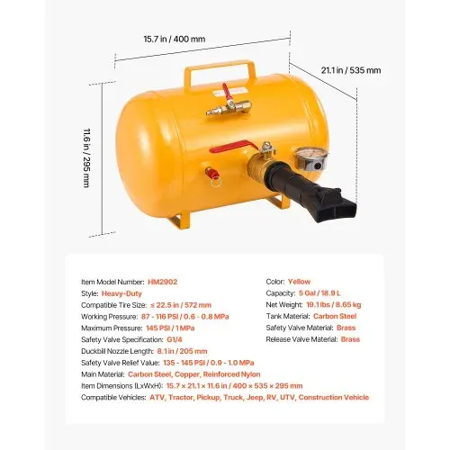 VEVOR Luftreifen Perlensitzer Luftreifenperlen Sitzer 18,9 L Reifenwulst Blaster Werkzeug, 0,6–0,8 MPa Betriebsdruck, Luftauslöser-Sitzpumpe für Pickup Truck ATV Jeep Van Rasentraktor Gelb – Bild 6