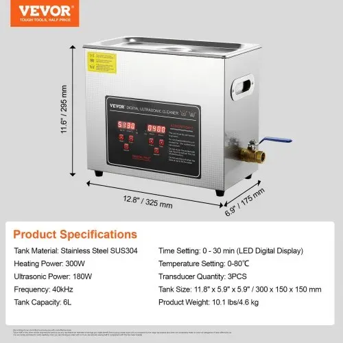 VEVOR Ultraschallreiniger Ultraschall Edelstahl-Reinigungsgerät 300 W, 6 L Ultraschallreinigungsgerät mit Digitaler Anzeige 0-30 Min, Reinigung Ultraschall für Schmuck, Brillen, Uhren usw. – Bild 6