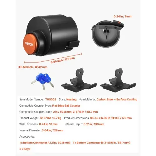 VEVOR Anhängerschloss, kompatibel mit 50,8 mm und 58,7 mm flachen Kugelkupplungen, Diebstahlsicherung mit 3 Schlüsseln, Hochsicherheitsschloss für Wohnmobile, Anhänger, Boote – Bild 6