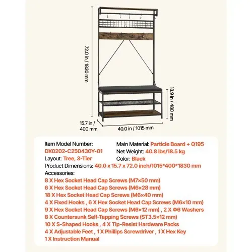 VEVOR Flurgarderobe 1015 x 400 x 1830 mm, Garderobenständer mit Schuhbank & Schuhablage (2 Ebenen), Freistehend Garderobe mit Metallgitter & Kleiderstange, Ideal für Eingangsbereich, Schlafzimmer – Bild 6