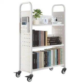 VEVOR Bücherwagen, 150 kg Tragkraft, Bibliothekswagen, 77 x 38 x 122 cm, einseitiges L-förmiges Bücherregal mit Doppelbremsrollen, Bücherregalwagen für Wohnzimmer, Büro, Schule, Weiß VEVOR Bücherwagen, 150 kg Tragkraft, Bibliothekswagen, 77 x 38 x 122 cm, einseitiges L-förmiges Bücherregal mit Doppelbremsrollen, Bücherregalwagen für Wohnzimmer, Büro, Schule, Weiß