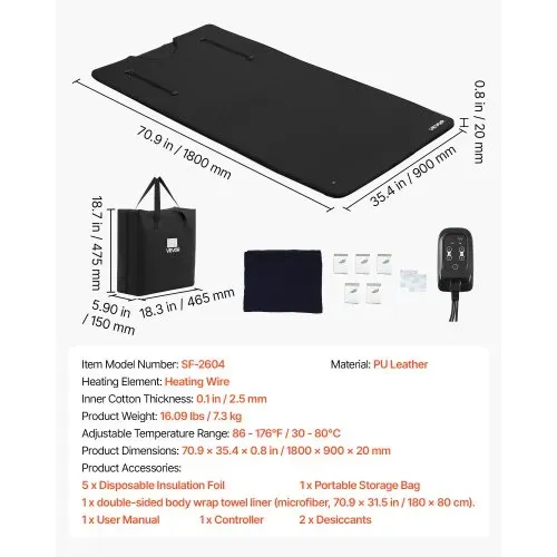 VEVOR Infrarot-Saunadecke mit Armlöchern Infrarotdecke 180x90cm Schwarz, Tragbare Wärmedecke für Schwitzen Entspannung Detox, Temperaturregelung, Timer, Handtuchfutter, PU-Leder, mit Tragetasche – Bild 6