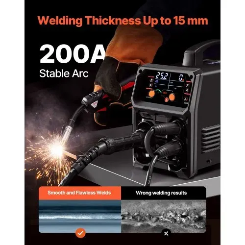 VEVOR MIG-Schweißgerät, 200 A synergetische MIG-Schweißmaschine, 4-in-1-Gas-MIG/Flux Core-MIG/Stick/Lift-TIG-Mehrprozess-Welder mit IGBT-Wechselrichtertechnologie und LCD-Bildschirmanzeige – Bild 2