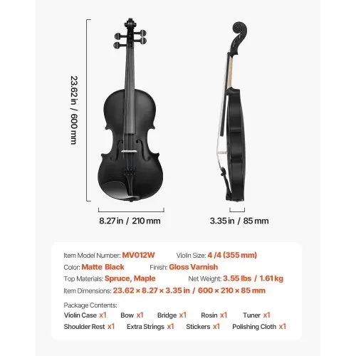 VEVOR Violine 4/4, 584,2 mm Armlänge, Geigenset mit Hartschalenkoffer, Kolophonium, Bogen, Schulterstütze, Steg, Stimmgerät & zusätzlichen Saiten, Massivholzinstrumente (schwarz) – Bild 6