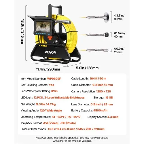 VEVOR Kanalkamera, 50 m, selbstnivellierende Rohrkamera mit 4,3-Zoll-HD-Bildschirm, IP68 wasserdicht, mit Beleuchtung (12 LEDs & 16-GB-Speicherkarte) für Abwasserleitungen & -rohre – Bild 6