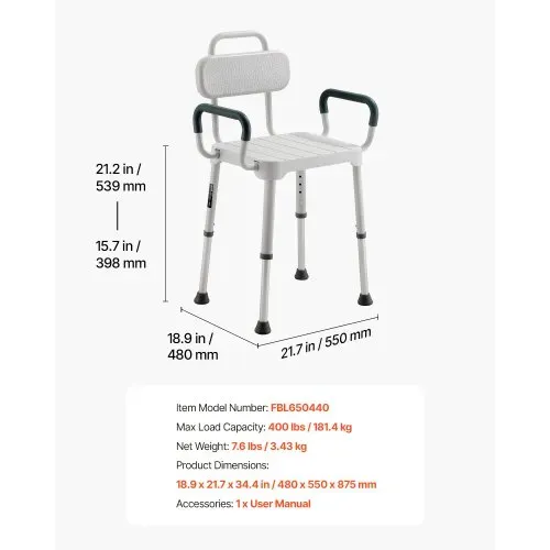 VEVOR Duschstuhl 181,4 kg, 6-stufig Höhenverstellbarer Duschsitz mit Armlehnen, Rahmen aus Aluminiumlegierung, für Dusche oder Badewanne, Geeignet für Senioren, Menschen mit Behinderung und Verletzte – Bild 6