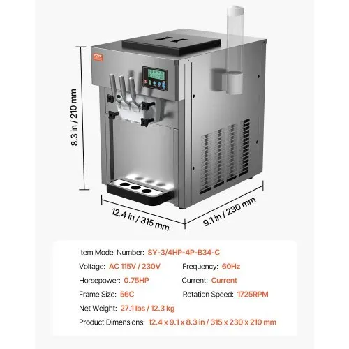 VEVOR Kommerzielle Eismaschine, 1800 W, 3-Geschmacksrichtungen, Softeismaschine Arbeitsplatte, 2 x 4 L Trichter, 2 x 1,8 L Zylinder, LCD-Bildschirm, Automatische Reinigung, Vorkühlung – Bild 6