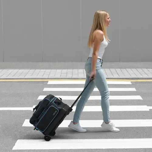 VEVOR Bowlingballtasche für 3 Bälle mit Doppelrollen & separatem Fach für Schuhe (bis US-Größe 16) & übergroßer Zubehörtasche, einziehbarer Griff lässt sich auf 105 cm ausziehen Schwarz + Blau – Bild 7