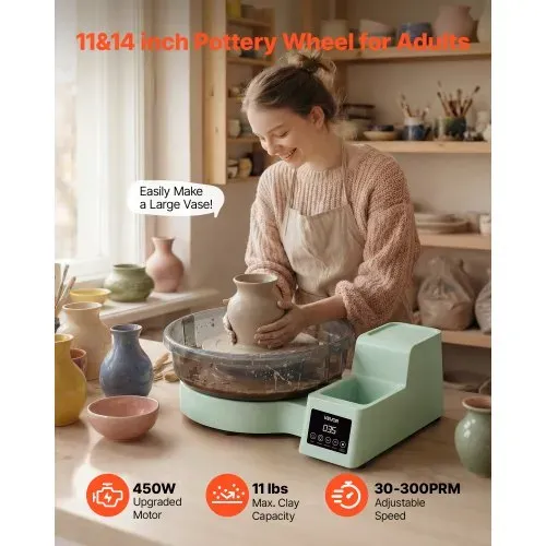 VEVOR Töpferscheibe Elektrisch 450 W, Töpferdrehmaschine 28 / 36 cm Drehteller, Töpfermaschine mit Fußpedal & 30–300 U/min Einstellbarer Drehzahl & Werkzeugbox, Ideal für Anfänger DIY-Tonkunst, Grün VEVOR Töpferscheibe Elektrisch 450 W, Töpferdrehmaschine 28 / 36 cm Drehteller, Töpfermaschine mit Fußpedal & 30–300 U/min Einstellbarer Drehzahl & Werkzeugbox, Ideal für Anfänger DIY-Tonkunst, Grün