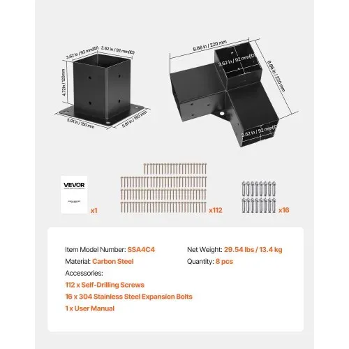 VEVOR Pfostenverbinder, Pfostennecke passend für 92 x 92 mm Pfosten, 4-teilige 3-Wege-Eckhalterungen mit Pfostenträger, Pergola-Halterungen Set, Ideal für Pavillons, Terrassenpergolen – Bild 6