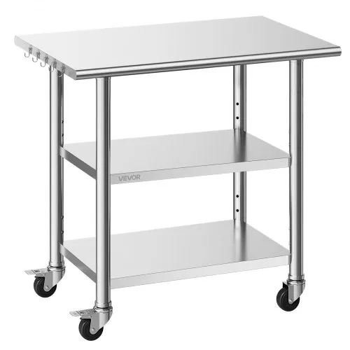 VEVOR Gasto Arbeitstisch 915 x 610 x 864 mm, Edelstahltisch mit 3 Ebenen & Rollen & Höhenverstellbaren Ablagen Belastbarkeit Top 227 kg & 2 Unterablagen je 191 kg Vorbereitungstisch für Restaurant VEVOR Gasto Arbeitstisch 915 x 610 x 864 mm, Edelstahltisch mit 3 Ebenen & Rollen & Höhenverstellbaren Ablagen Belastbarkeit Top 227 kg & 2 Unterablagen je 191 kg Vorbereitungstisch für Restaurant