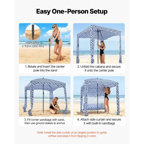 VEVOR Strand-Cabana 183 x 183 cm Strandüberdachung mit Seitenwand, UPF 50+ Sonnenschutz, Strandpavillon mit Sandsäcken, großer tragbarer Sonnenschutz Sonnenschirm für Familie Freunde Outdoor – Bild 4
