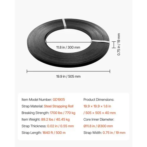 VEVOR Umreifungsstahlband, 19 mm x 55 mm x 500 m, Verpackungsstahlband, Metallbandrolle, Stahlband, 770 kg Bruchfestigkeit, Stahlumreifungsbänder, Hochleistungsbandrolle für Palettenverpackung – Bild 6