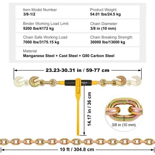 VEVOR Ketten- und Binder-Set, 3/8"-1/2" Ratschenlastbinder 9200 lbs Arbeitslastgrenze, 3/8" x 10' G80 Ketten mit Greifhaken, Ratschenbinder und Ketten für LKW, Festzurren, Transportieren, Abschleppen, 2er Set – Bild 6