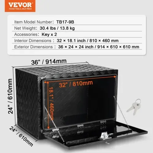 VEVOR Truckbox Werkzeugbox, Unterboden-Anhängerbox, Werkzeugkasten 914 x 610 x 610 mm Pickup-Aufbewahrungsbox, Aluminiumlegierung, 40 kg belastbarer Werkzeugkasten, abschließbare Aufbewahrungsbox – Bild 6