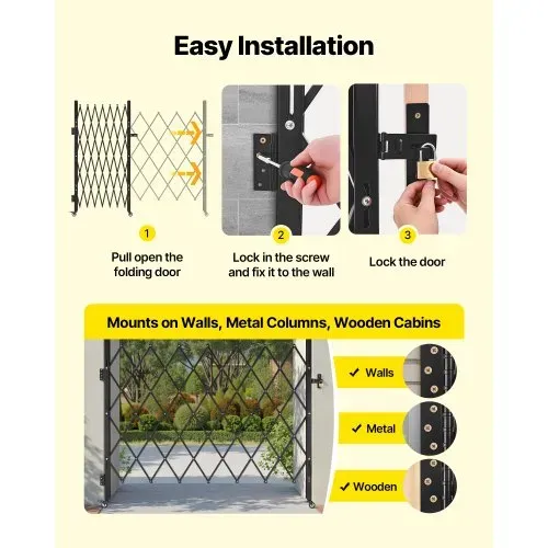 VEVOR Sicherheitstor (Einzel) abschließbares klappbares Scherentor mit 360°-Lenkrollen, einziehbare Stahltore Outdoor, für Eingangssicherheit Garage Lager, Falttor 180 x 161 cm (B x H) Schwarz – Bild 4