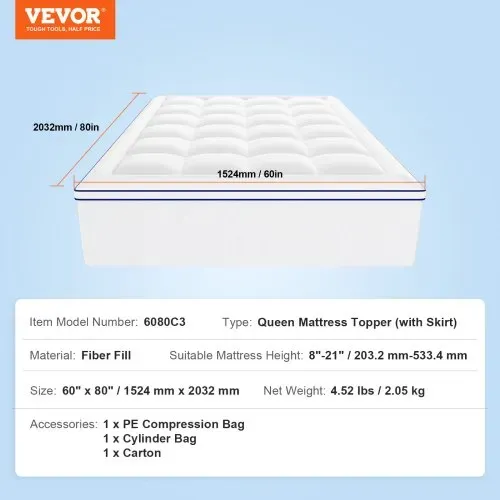 VEVOR Matratzenschoner Matratzenauflage Faserfüllung Abnehmbar Waschbar 25,4mm 1524x2032 mm – Bild 6