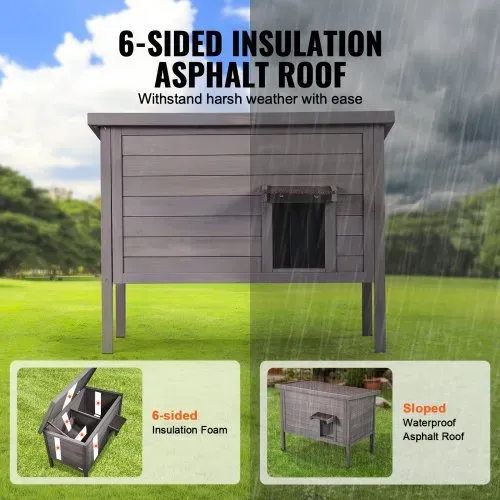 VEVOR Katzenhaus für draußen, wetterfest, Unterschlupf für Wildkatzen für mehrere Katzen, Katzen-/Kaninchenhaus aus Holz für draußen, rundum schaumisoliert, offenes Dach, Türklappen aus PVC, 86,4 cm L x 56,4 cm B x 68,6 cm H – Bild 2