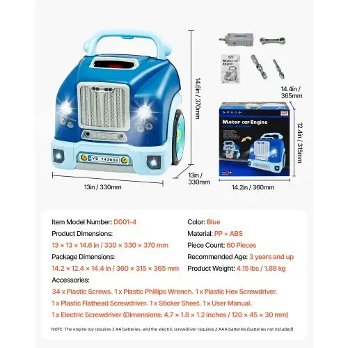 VEVOR Motorspielzeug, 60-teilig, Autoreparaturset für Kinder, mit abnehmbaren Teilen, Lichtern und Geräuschen, Lenkrad und Hupe, Mechaniker-Werkstattset für Kinder für Kleinkinder ab 3 Jahren, Blau – Bild 6