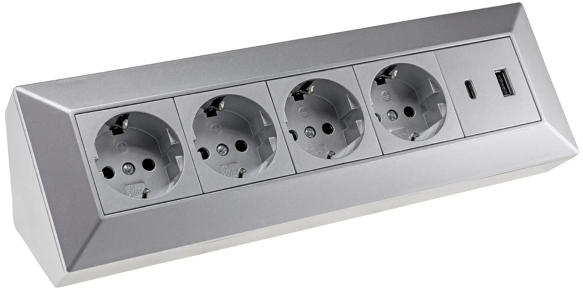4-fach Steckdosenblock, USB-A+C, silber 250V~/ 16A, Aufbaumontage, USB 3,1A, PD 4-fach Steckdosenblock, USB-A+C, silber 250V~/ 16A, Aufbaumontage, USB 3,1A, PD