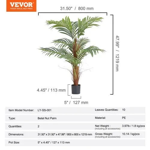 VEVOR 2x Areca Catechu Künstlich 800x800x1219mm Kunstpflanze PE Künstliche Pflanzen Plastikpflanzen im Topf Betelnusspalme Geruchslos Wasserdicht Ideal für Schlafzimmer Arbeitszimmer Wohnzimmer – Bild 6
