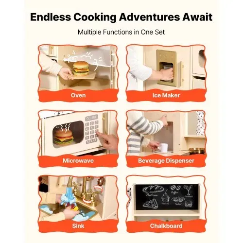 VEVOR Spielküche für Kinder, Moderne Kinderküche mit Licht & Sound, Holzküche mit Herd Backofen Spüle Mikrowelle Eisspender & Getränkespender, Küchenspielzeug mit Kochset für Kinder ab 3 Jahren, Beige – Bild 2