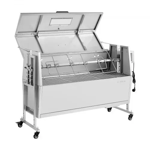 VEVOR Lammgrill 38 W 60 kg 1168,4 mm Drehspieß Spanferkelgrill Edelstahl für Garten und Terrasse, 4 Höhenstufen, Feststellbare Räder, mit Grillzange Faltbarem Deckelschutz Bürsten und Gewürzbehälter – Bild 9