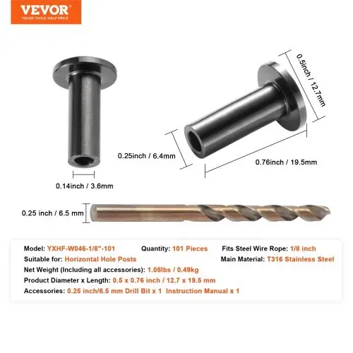 VEVOR 101 Stück T316-Edelstahl-Schutzhüllen für 1/8 Zoll Drahtseil-Kabelgeländer, DIY-Balustrade T316 in Marinequalität, mit einem kostenlosen Bohrer, schwarz – Bild 6
