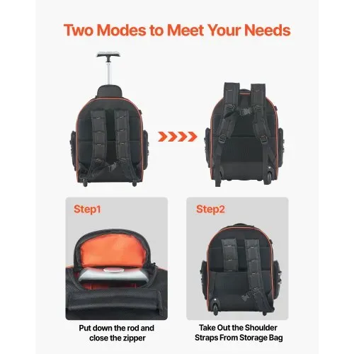 VEVOR Werkzeugrucksack mit Rollen, 50 kg Tragkraft, 45 Taschen, Werkzeugtasche, verstellbarer Teleskopgriff und stabile Basis, Arbeitsrucksack-Organizer für Bau und Mechanik, 440x250x480 mm – Bild 4
