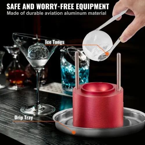 VEVOR Eiswürfelbereiter Eiswürfelformen Satz 60 mm, Eiswürfelform Eiskugelform mit Eiszange & Tropfschale, Alu Rote Strapazierfähige Eiswürfelformen Eiswürfelbehälter Whisky Americano, Saft & Milch – Bild 4