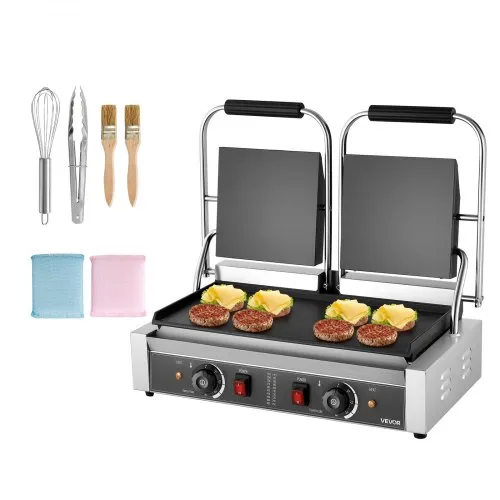 VEVOR kommerzieller Kontaktgrill 3600 W Elektrogrill Sandwichmaker (Doppelbackplatten) Panini Presse aus Edelstahl mit Temperaturregelung, 48 x 23 cm flache Emailleplatte, für Hamburger Steak Speck VEVOR kommerzieller Kontaktgrill 3600 W Elektrogrill Sandwichmaker (Doppelbackplatten) Panini Presse aus Edelstahl mit Temperaturregelung, 48 x 23 cm flache Emailleplatte, für Hamburger Steak Speck