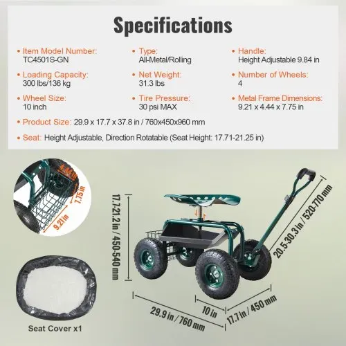 VEVOR Rollsitz Werkstattwagen aus Stahl bis 136kg belastbar Gartenwagen mit 25cm Griff und 45-54cm höhenverstellbarem Sitz Rollwagen 30PSI Reifendruck Arbeitssitz Gartensitz Grün – Bild 6