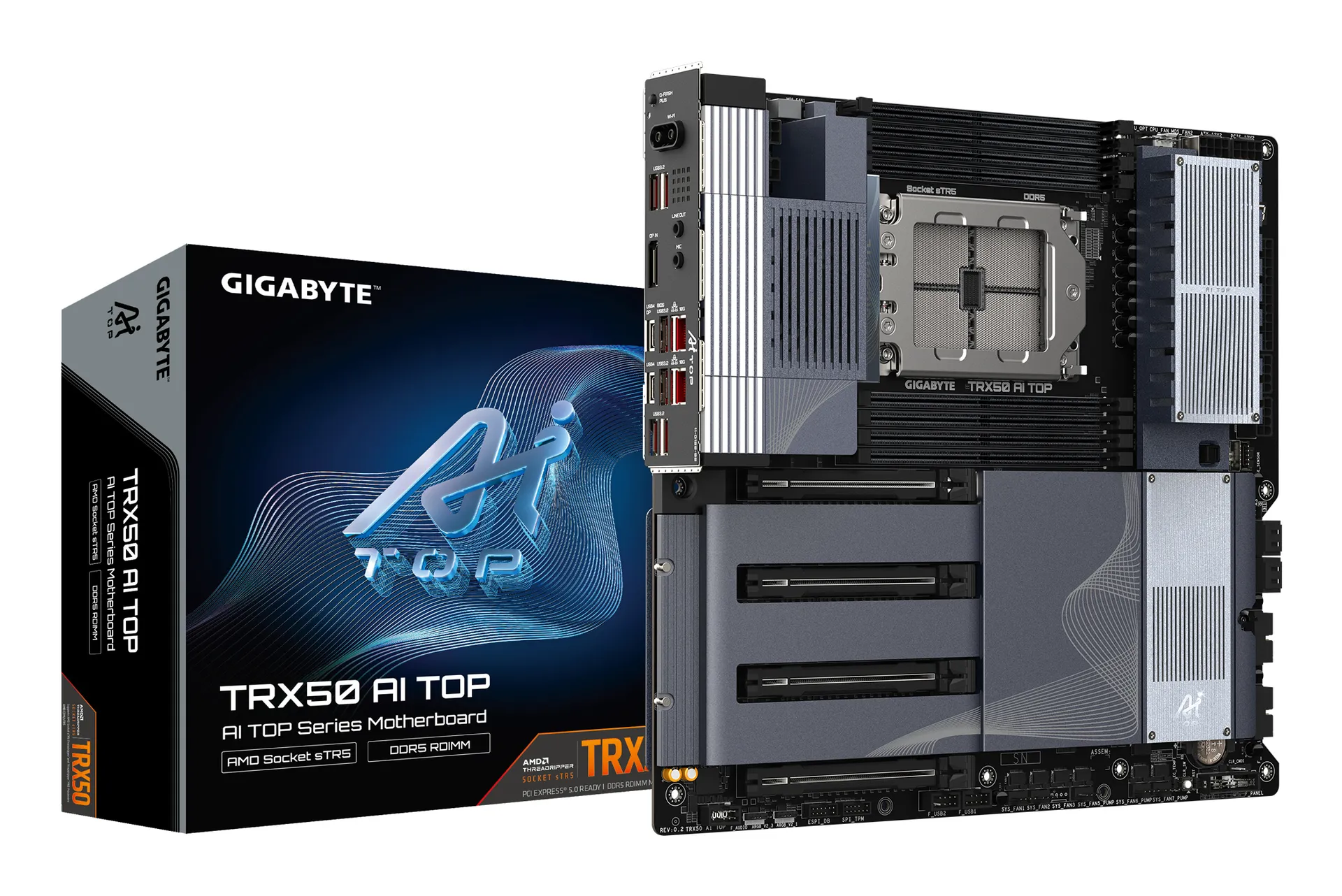 GIGABYTE TRX50 AI TOP-2B Mainboard – Unterstützt AMD Ryzen Threadripper PRO 7000 CPUs, digitales 16+8+4 Phasen VRM, bis zu 5200 MHz DDR5, 4 x PCIe 5.0 M.2, Wi-Fi 7, 10 GbE LAN, USB 4 GIGABYTE TRX50 AI TOP-2B Mainboard – Unterstützt AMD Ryzen Threadripper PRO 7000 CPUs, digitales 16+8+4 Phasen VRM, bis zu 5200 MHz DDR5, 4 x PCIe 5.0 M.2, Wi-Fi 7, 10 GbE LAN, USB 4