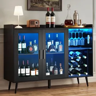 VEVOR Weinschrank mit Gläserhaltern, Buffet-Sideboard mit Dimmbarer LED-Beleuchtung und Flaschenregalen (für 9 Flaschen), Barschrank für Küche, Wohnzimmer und Esszimmer Weinbarschrank Schwarz VEVOR Weinschrank mit Gläserhaltern, Buffet-Sideboard mit Dimmbarer LED-Beleuchtung und Flaschenregalen (für 9 Flaschen), Barschrank für Küche, Wohnzimmer und Esszimmer Weinbarschrank Schwarz