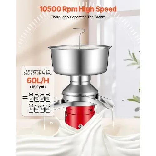 VEVOR Elektrischer Milchabscheider 40 W, 60 L/H Milchseparator mit Runder Standfuß Tastensteuerung, 10500 U/min Trennmaschine für Milch, Milchzentrifuge aus 304 Edelstahl mit 4,5L Milchtank für Küche – Bild 3