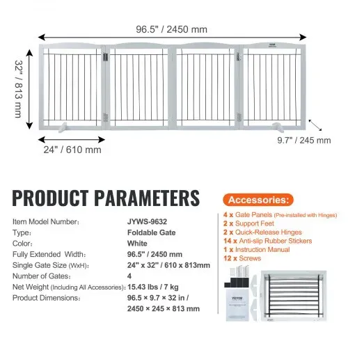 VEVOR Freistehendes Hundetor, Haustiertor, 610 x 813 mm Türschutzgitter 4-Platten-Faltbares Hundetor für Breite & Schmale Durchgänge, Erweiterbare Klappbare Hundebarriere, Weißes Treppenschutzgitter – Bild 10