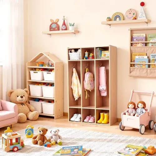 VEVOR Offener Kinderkleiderschrank aus Sperrholz, Kindergarderobe mit 6 Haken & 9 Fächern (3 Groß + 6 Klein), Garderobenregal & Aufbewahrungsregal für Kinderzimmer Zuhause Kindergarten Kita – Bild 7