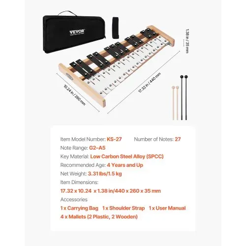 VEVOR Glockenspiel, 27 Noten, professionelles Xylophon-Schlaginstrument, mit SPCC-Klappen & Metalltasten, inklusive 4 Schlägeln, Tragetasche, Musikinstrument für Anfänger, Musikunterricht – Bild 6